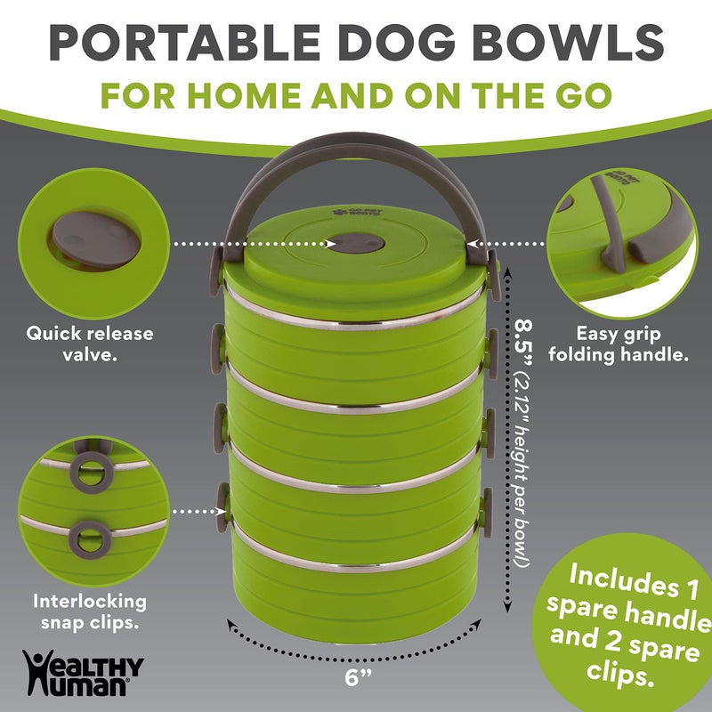 Healthy Human Travel Pet Bento Bowls - Human-Grade Stainless Steel & BPA-Free, Leak-Proof Water & Food Container Set for Dogs & Cats, 4-Pack Interlocking Bowls, Includes Spare Clips & Handle (Green) - Image 5